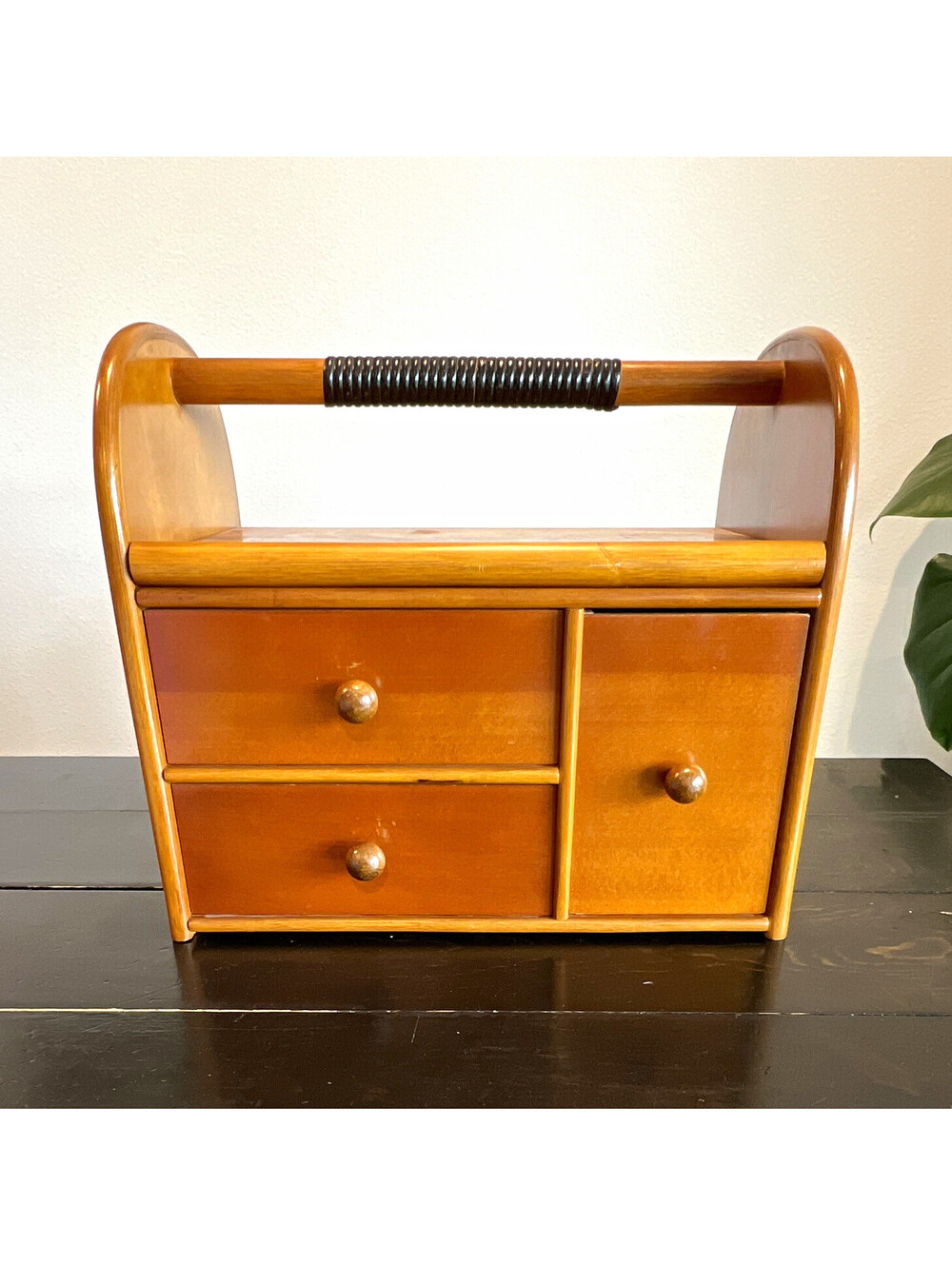 Vintage Wood Jewelry Box Organizer w/ Flip-Up Mirror, 3 Drawers, Handle, Brown